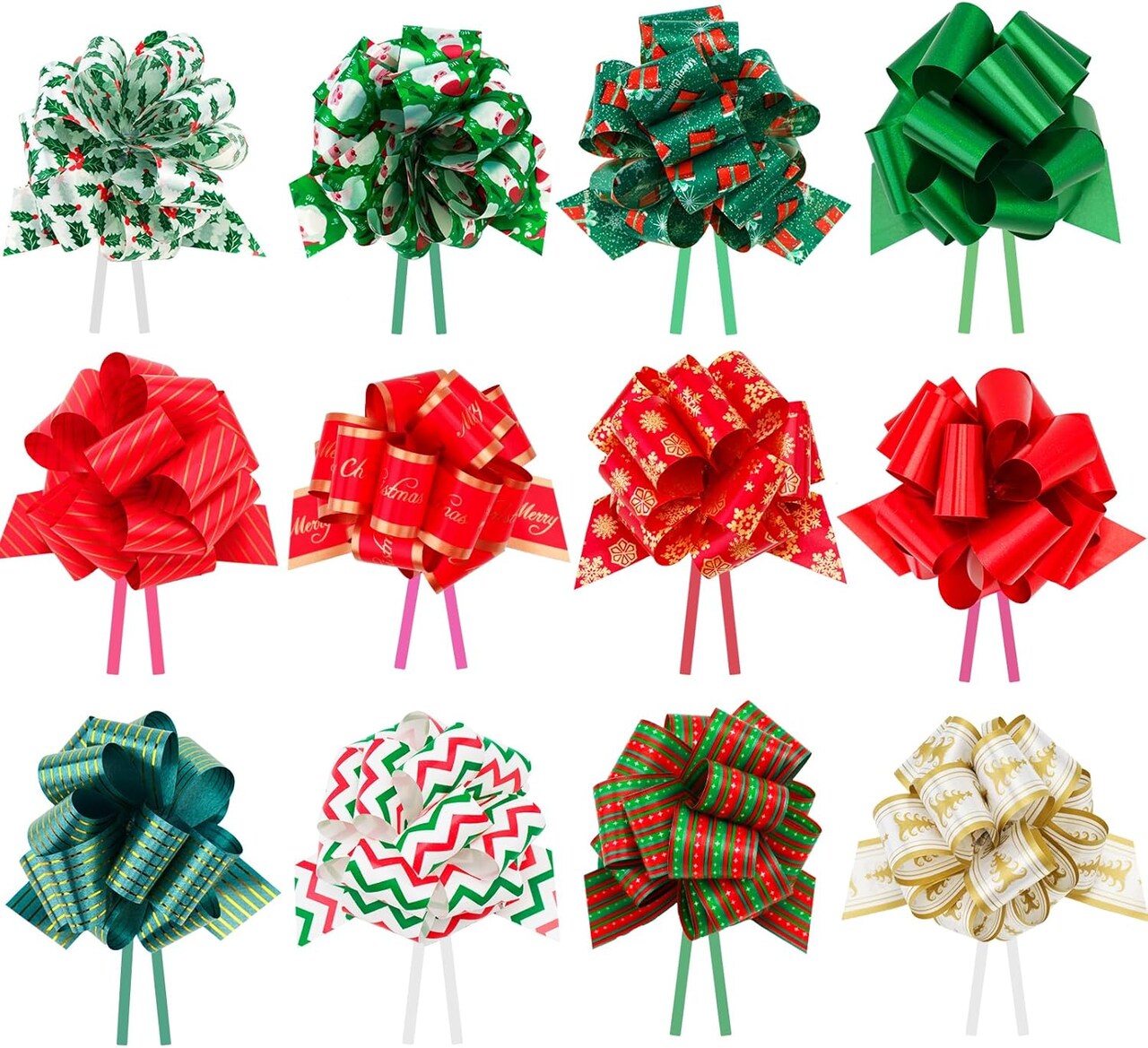 Christmas Pull Bows 24PCS Bows for Gift Baskets Wrapping Large 5” Wide Christmas Tree Bows for Present Wrap, 12 Multicolor Christmas Bows